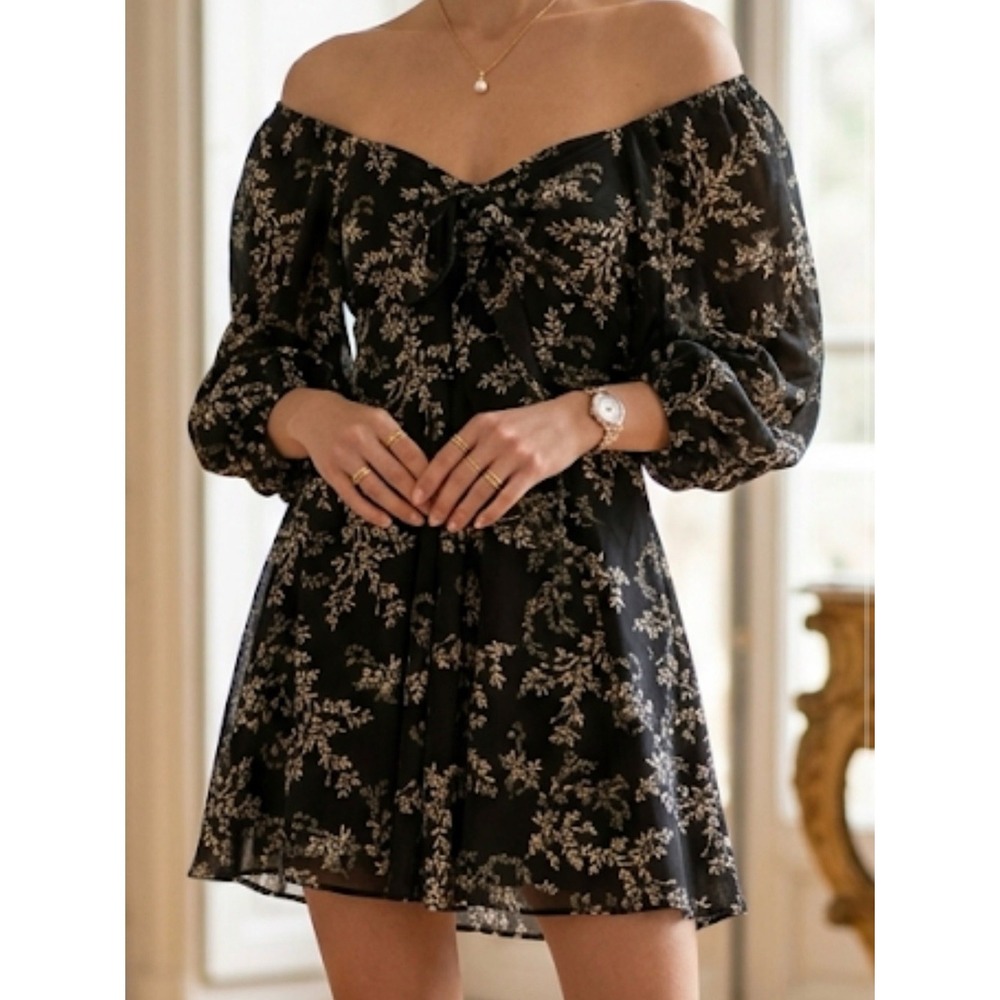 Mustard Seed Black Floral Tie Front Balloon Sleeve Cutout Mini Dress S20581NAJ S